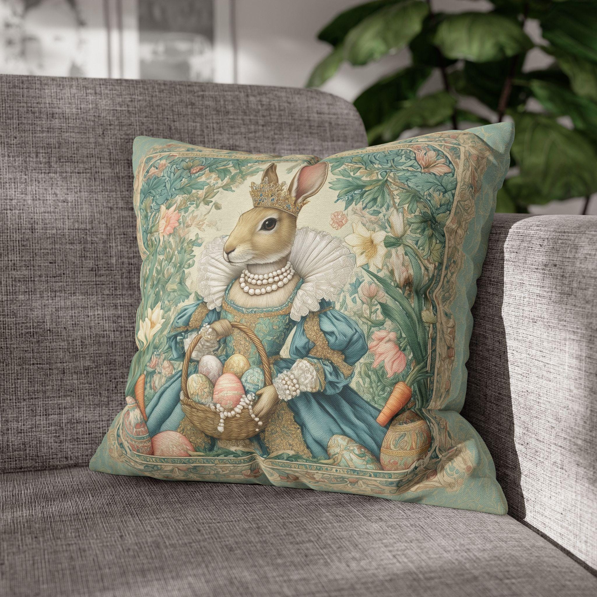 Victorian Easter Princess Bunny Pillow Cover: William Morris Inspired Whimsical Spring Decor