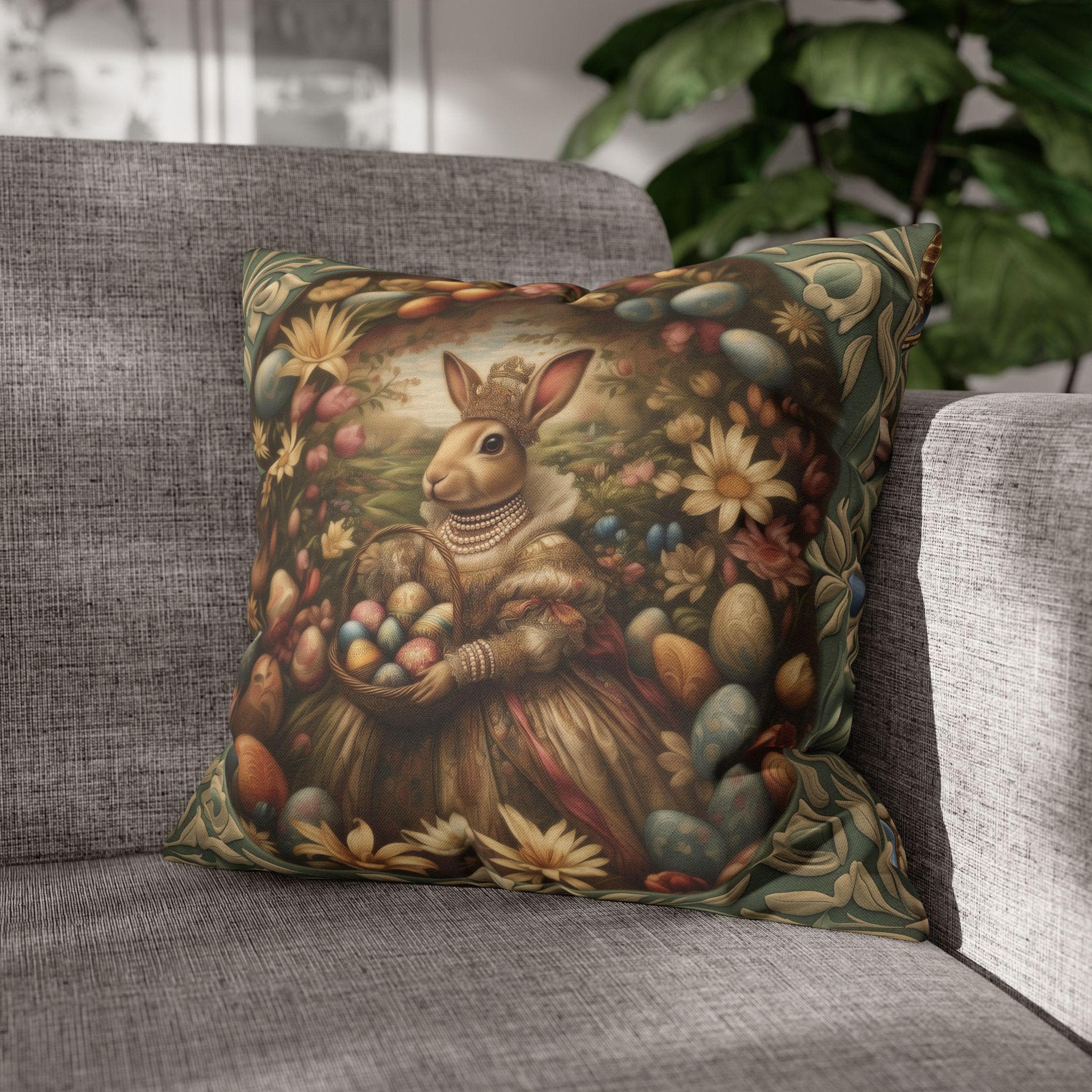 William Morris Easter Pillow Cover: Bunny in Victorian Dress