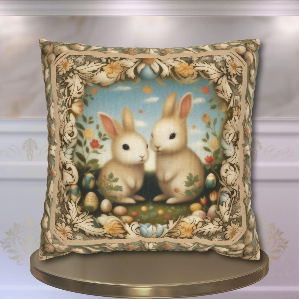 Whimsical Easter Bunnies Pillow Cover with William Morris Style Botanical Border