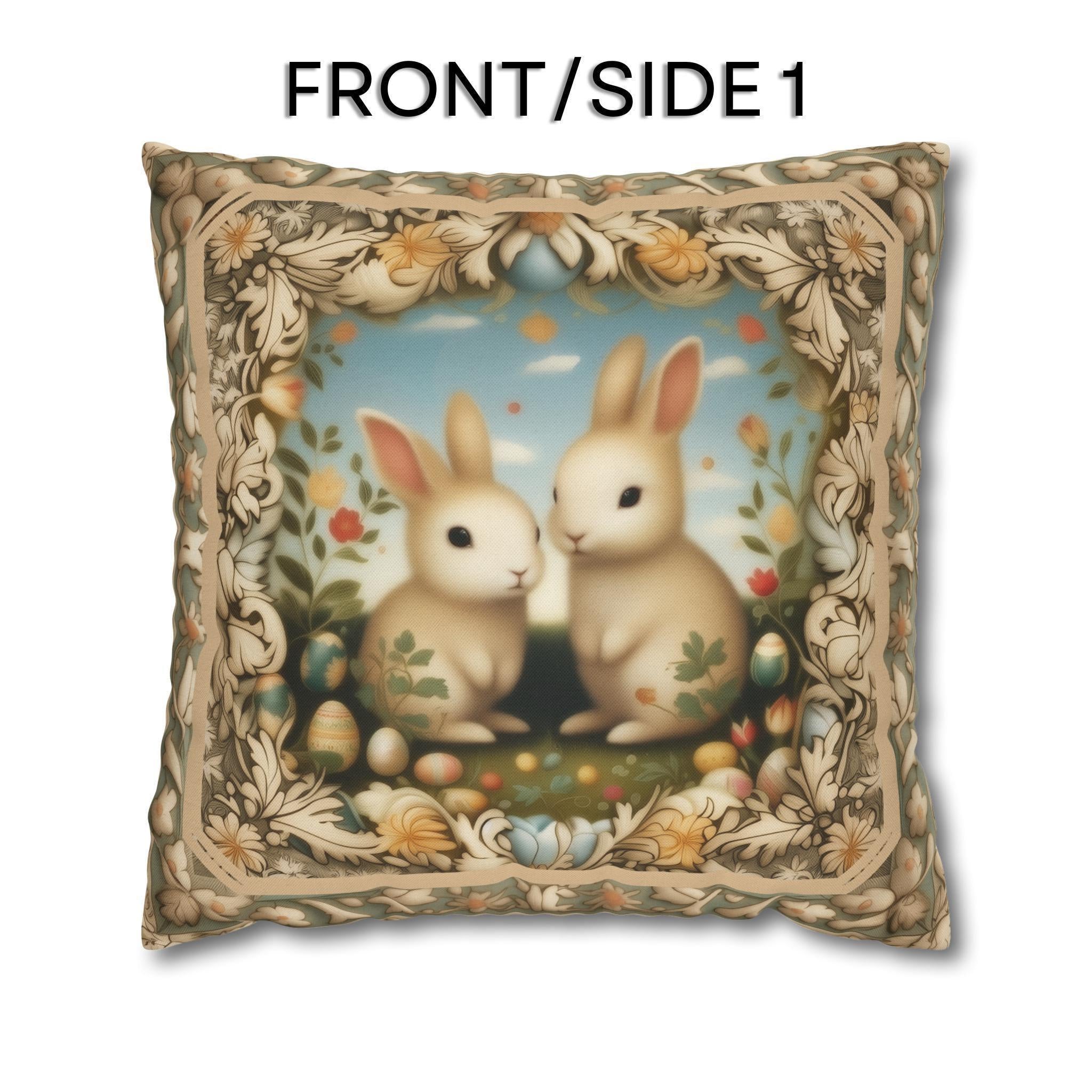 Whimsical Easter Bunnies Pillow Cover with William Morris Style Botanical Border