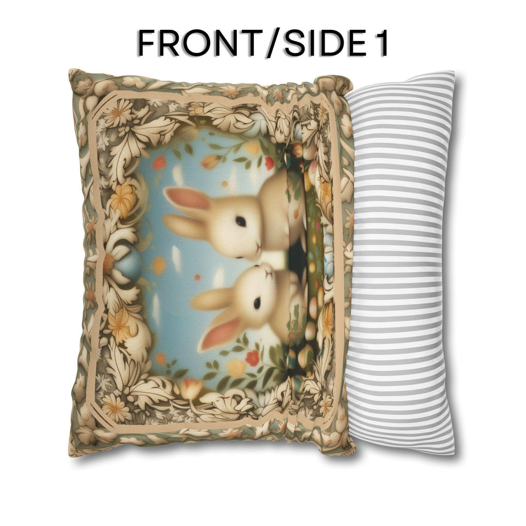 Whimsical Easter Bunnies Pillow Cover with William Morris Style Botanical Border