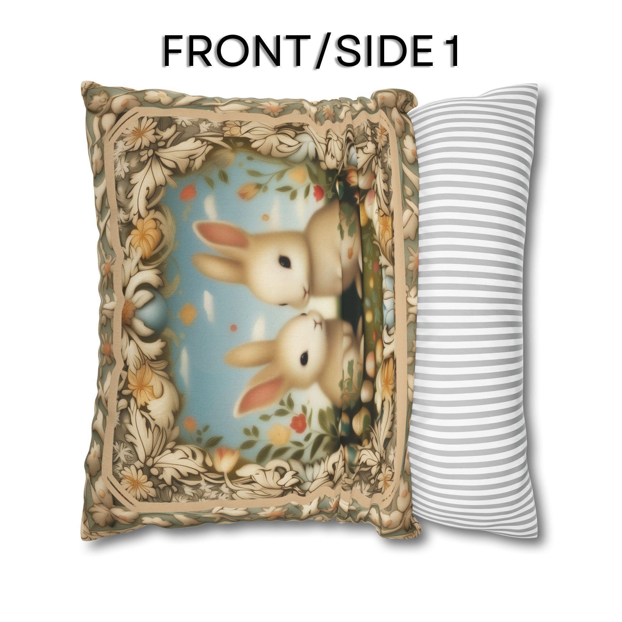 Whimsical Easter Bunnies Pillow Cover with William Morris Style Botanical Border