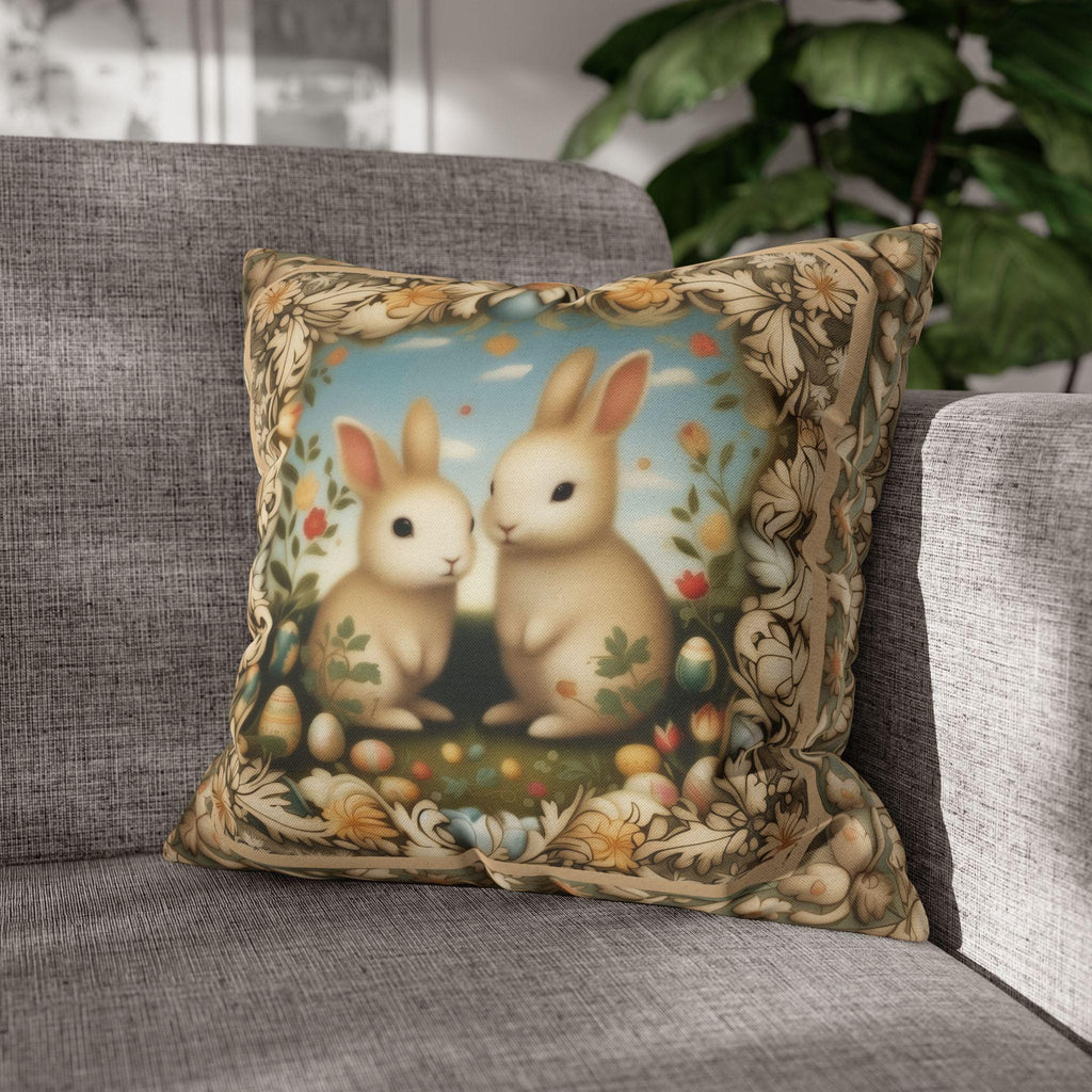 Whimsical Easter Bunnies Pillow Cover with William Morris Style Botanical Border
