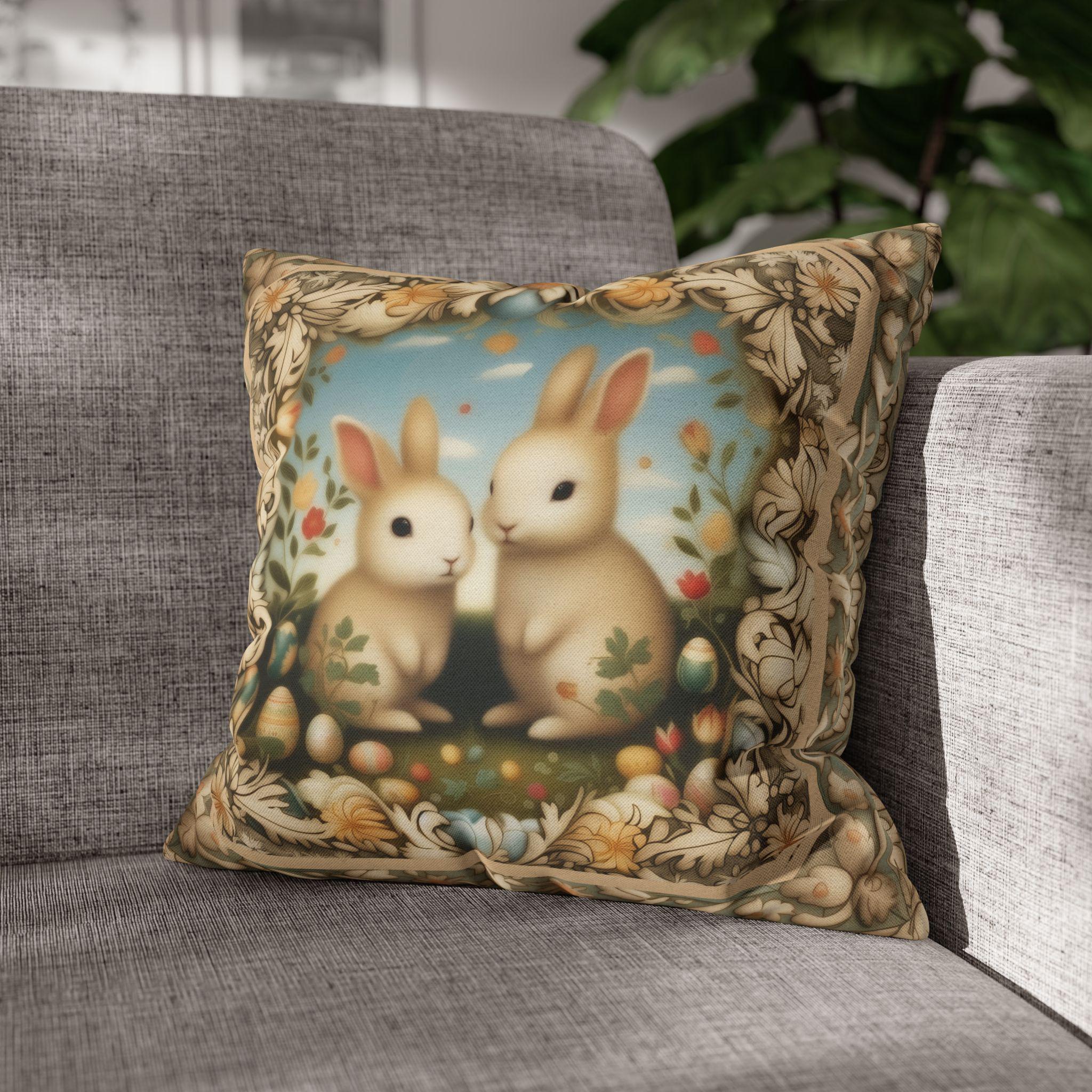 Whimsical Easter Bunnies Pillow Cover with William Morris Style Botanical Border