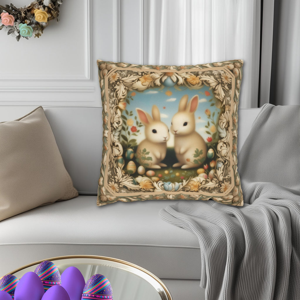 Whimsical Easter Bunnies Pillow Cover with William Morris Style Botanical Border