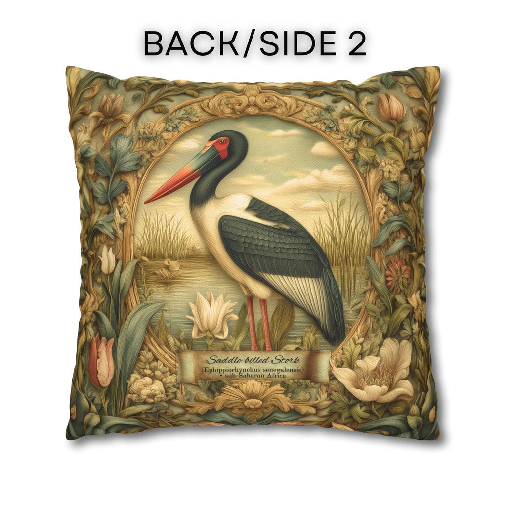 Botanical Bird Pillow Cover: William Morris Inspired Saddle-Billed Stork in Wetland