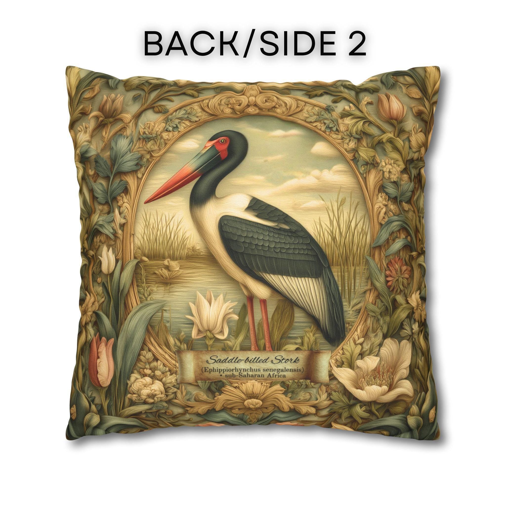 Botanical Bird Pillow Cover: William Morris Inspired Saddle-Billed Stork in Wetland