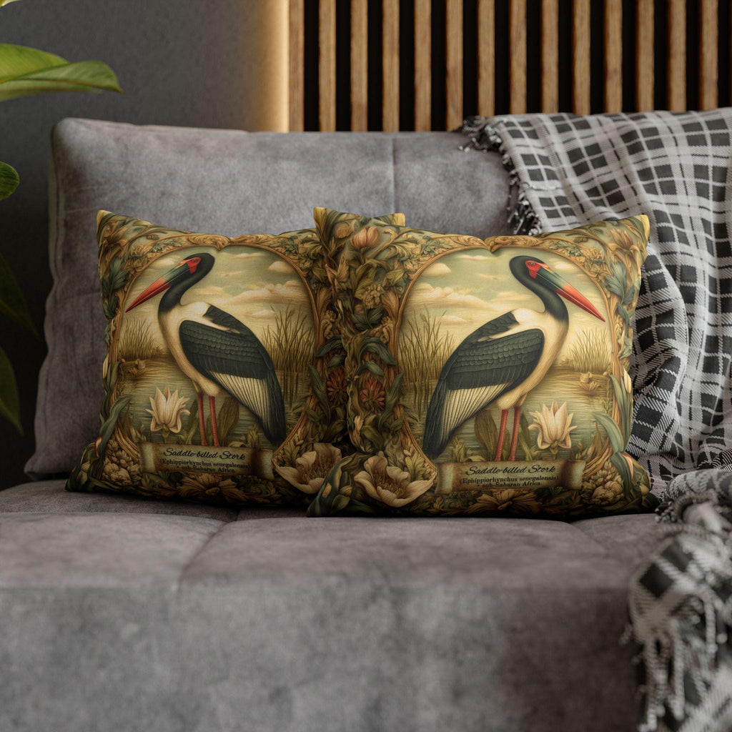 Botanical Bird Pillow Cover: William Morris Inspired Saddle-Billed Stork in Wetland