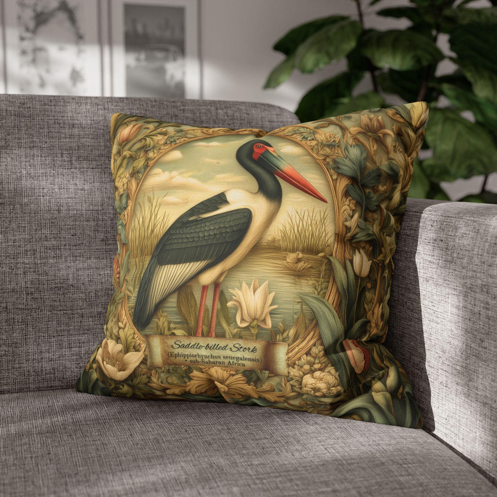 Botanical Bird Pillow Cover: William Morris Inspired Saddle-Billed Stork in Wetland