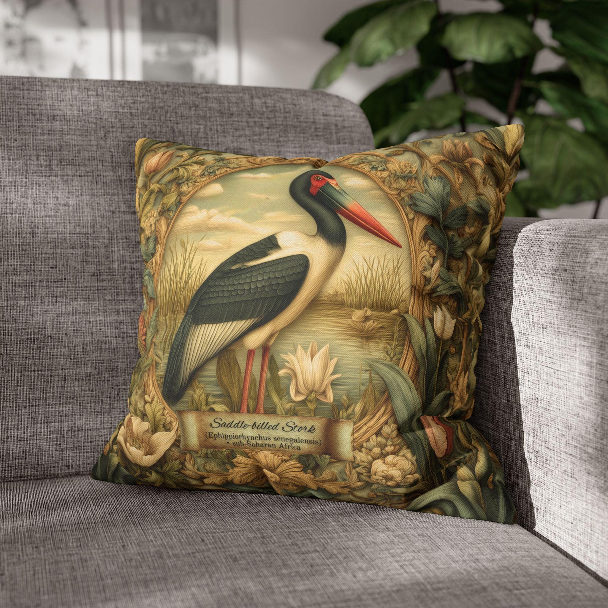 Botanical Bird Pillow Cover: William Morris Inspired Saddle-Billed Stork in Wetland