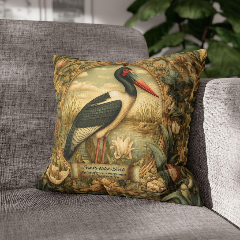 Botanical Bird Pillow Cover: William Morris Inspired Saddle-Billed Stork in Wetland