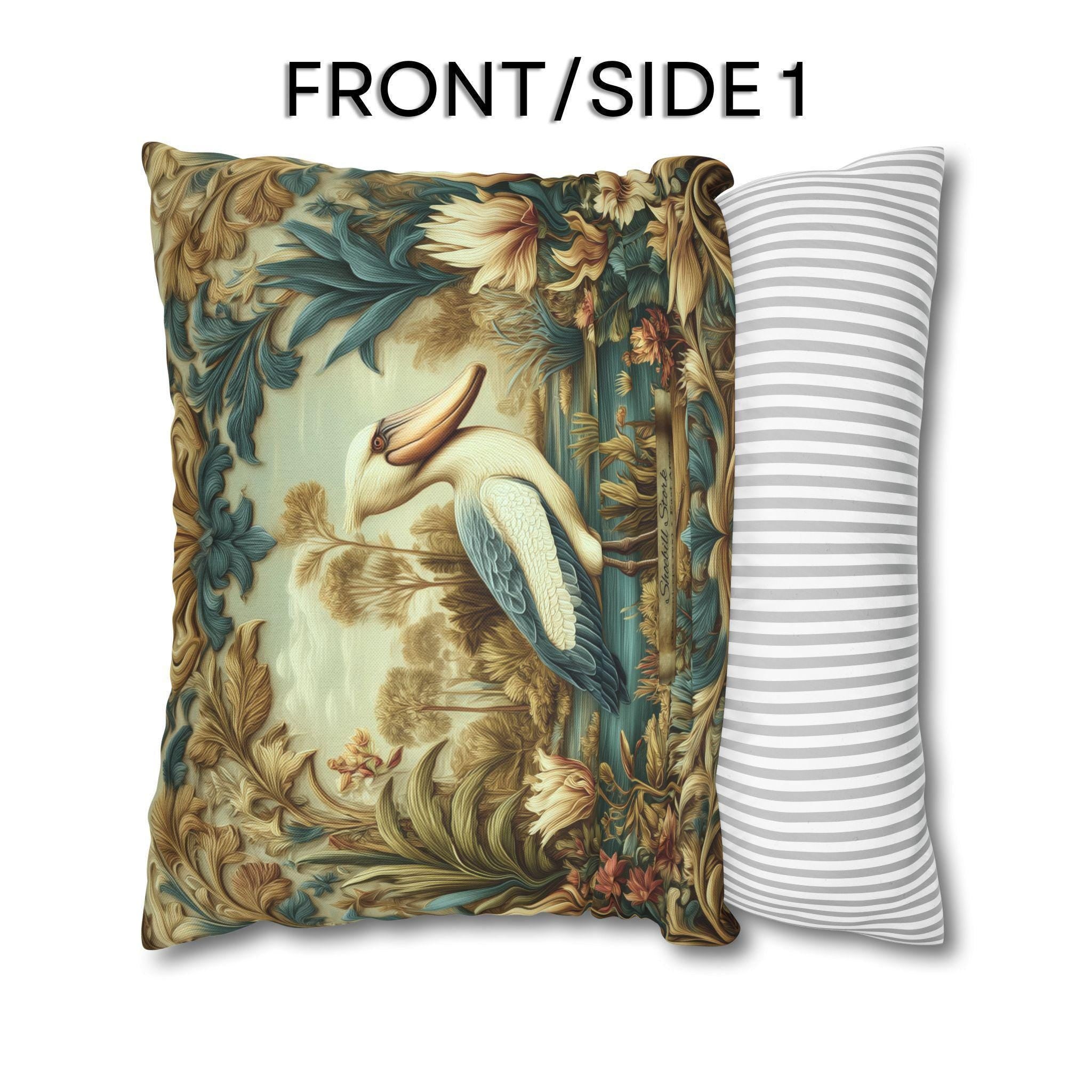 Shoebill Stork Pillow Cover: William Morris Botanical Marsh Bird Decor
