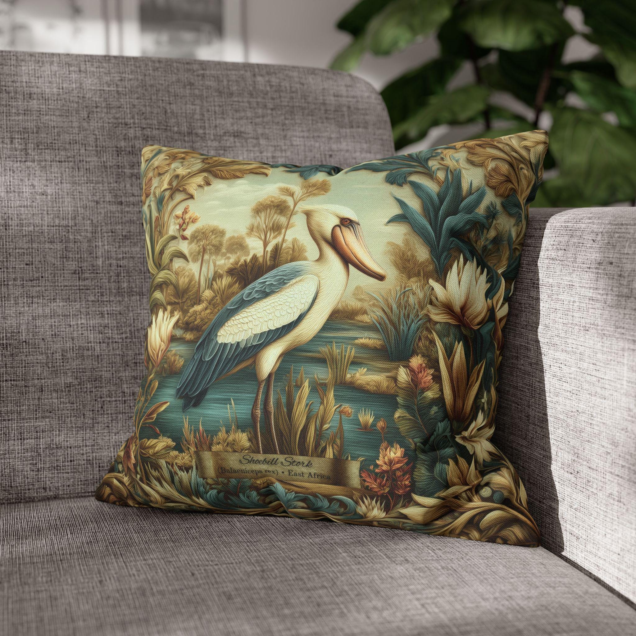 Shoebill Stork Pillow Cover: William Morris Botanical Marsh Bird Decor