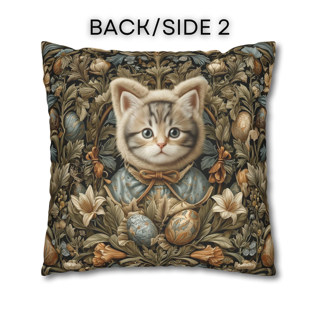 William Morris Inspired Easter pillow cover: Whimsical Kitten with Botanicals & Decorated Eggs