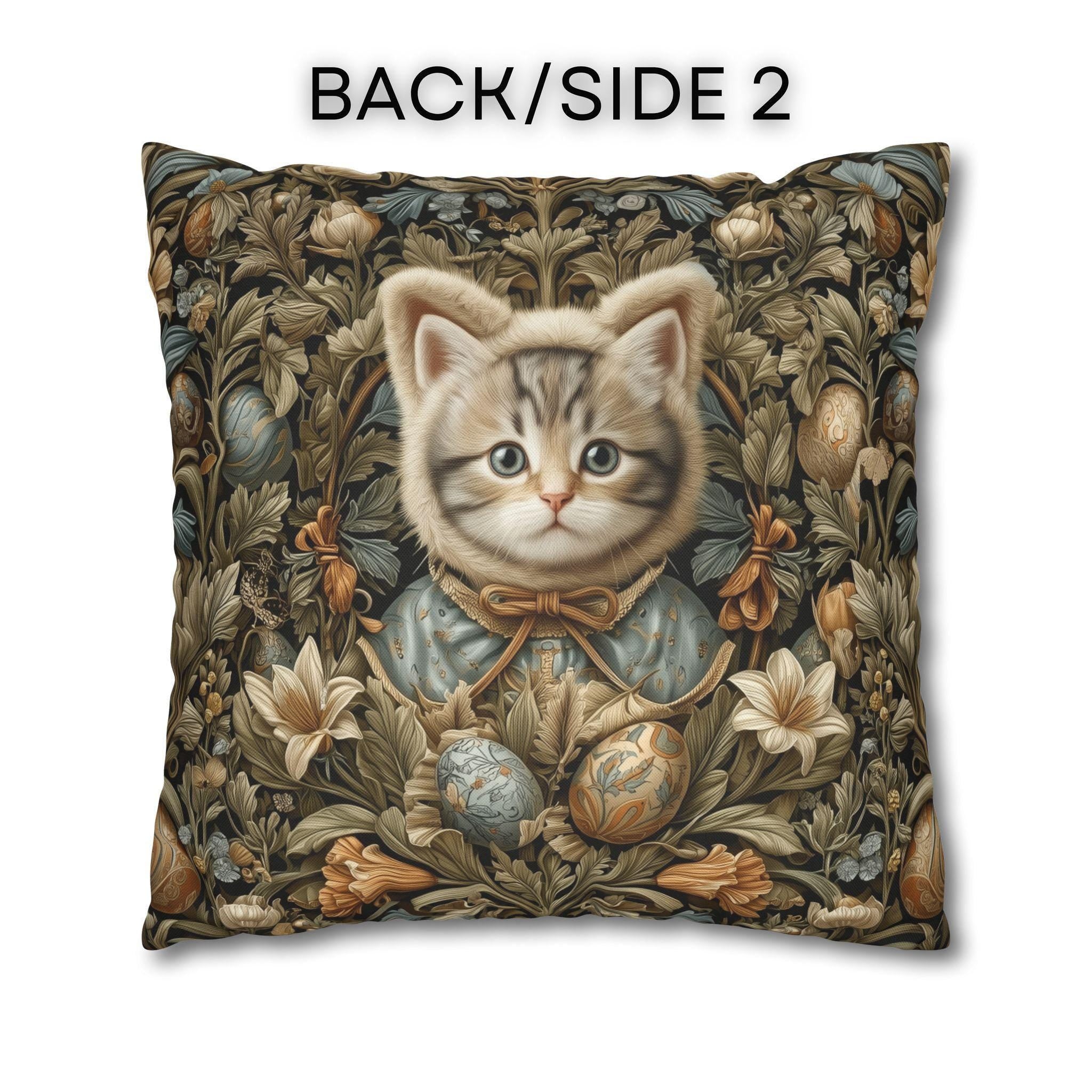 William Morris Inspired Easter pillow cover: Whimsical Kitten with Botanicals & Decorated Eggs