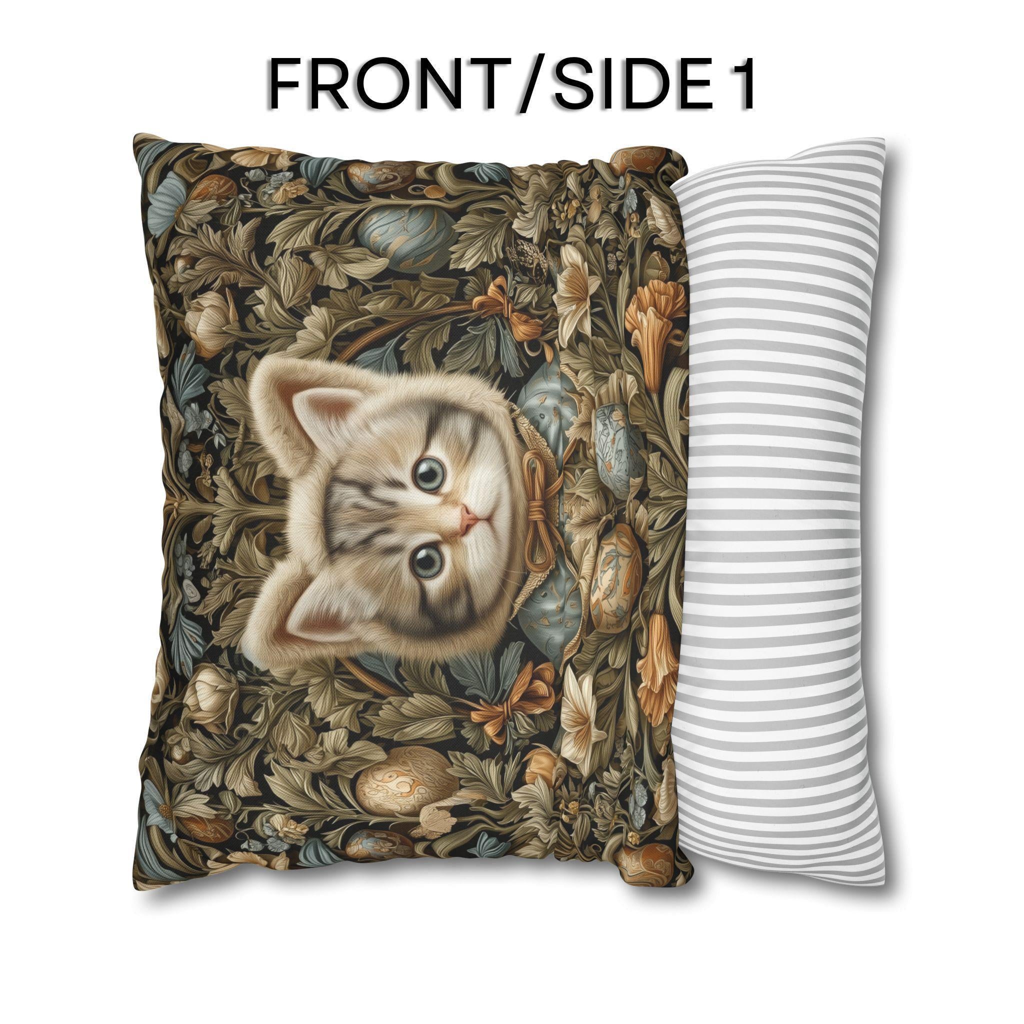 William Morris Inspired Easter pillow cover: Whimsical Kitten with Botanicals & Decorated Eggs
