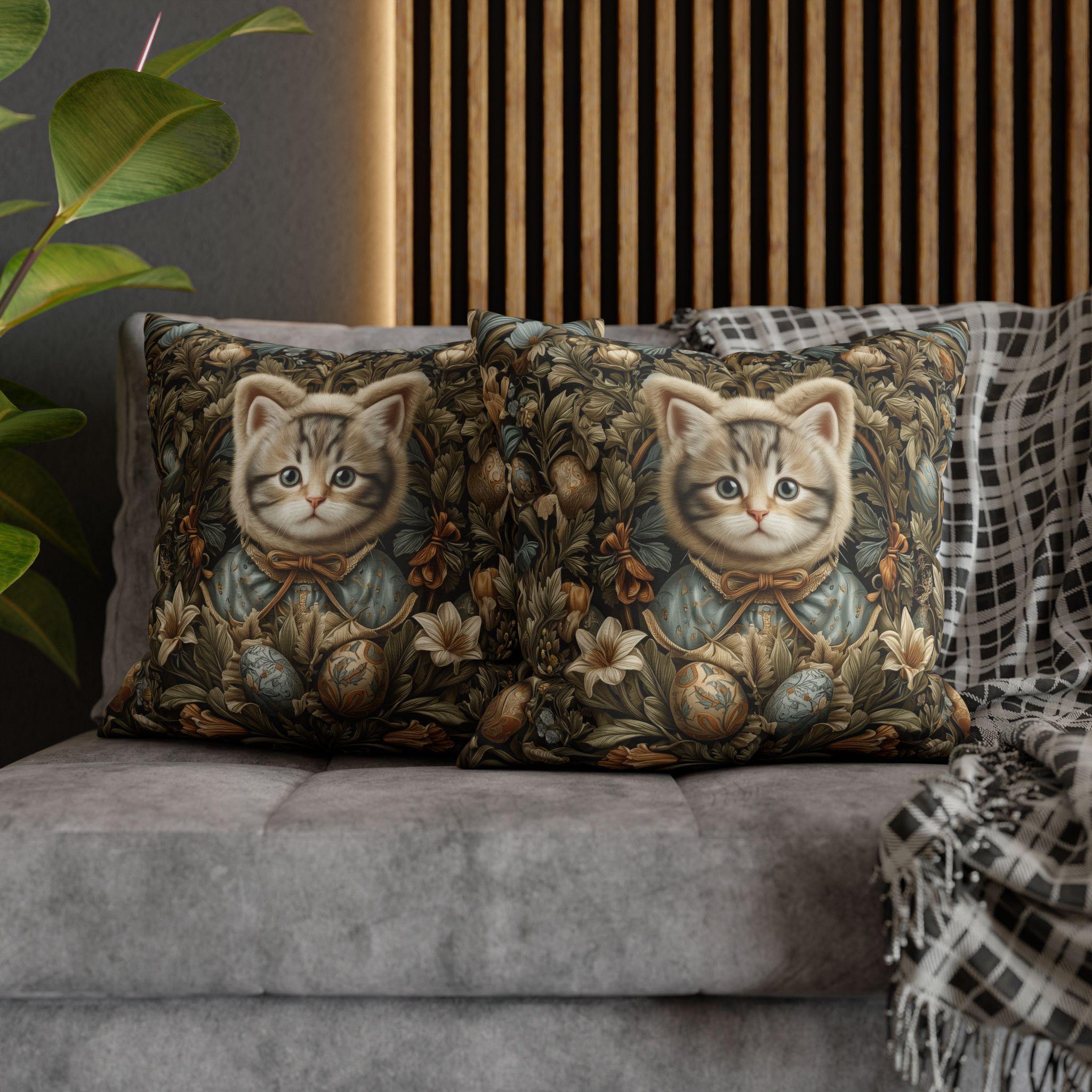 William Morris Inspired Easter pillow cover: Whimsical Kitten with Botanicals & Decorated Eggs