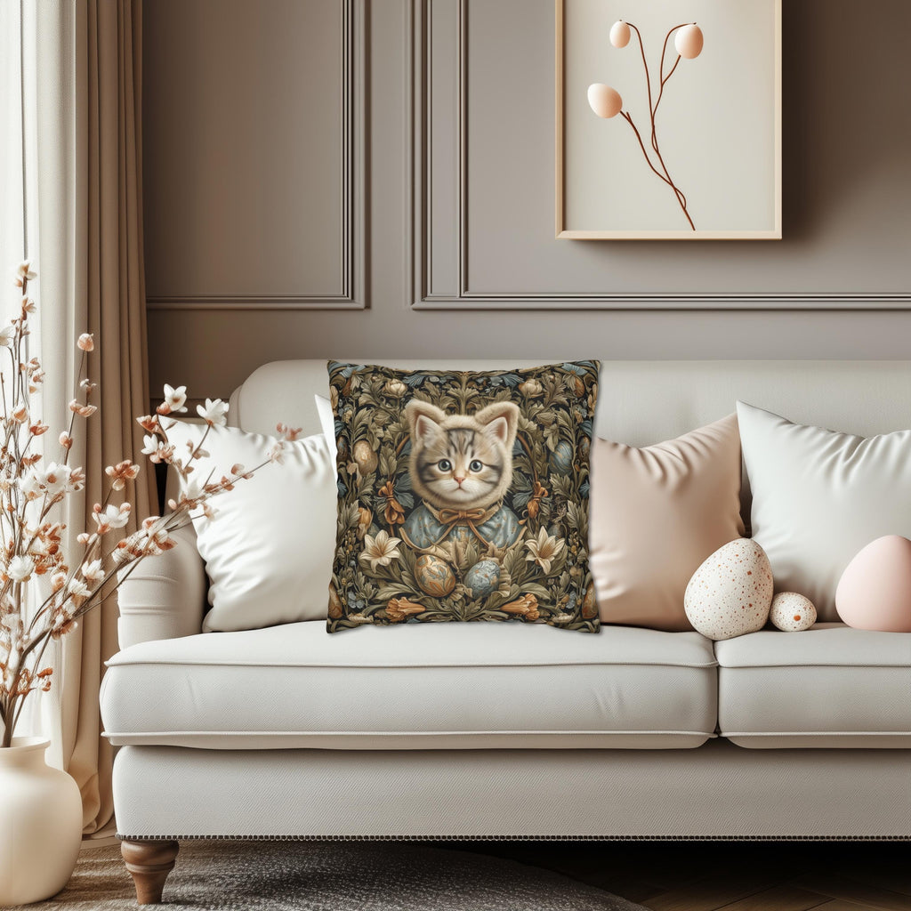 William Morris Inspired Easter pillow cover: Whimsical Kitten with Botanicals & Decorated Eggs