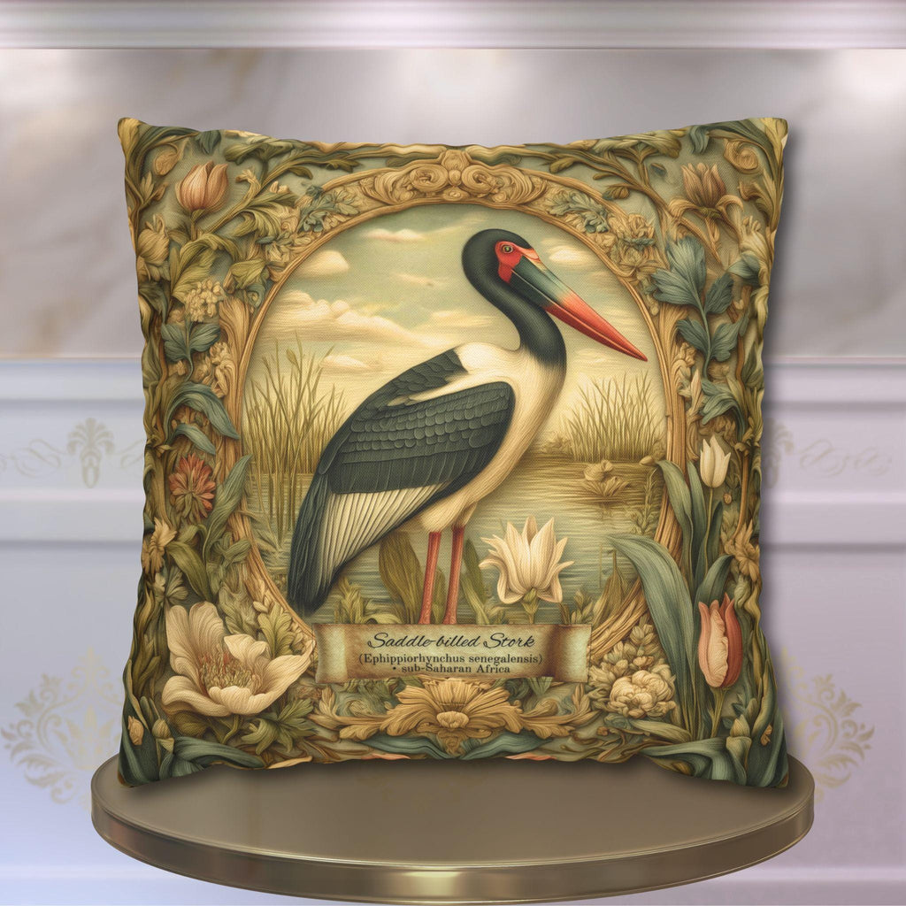 Botanical Bird Pillow Cover: William Morris Inspired Saddle-Billed Stork in Wetland