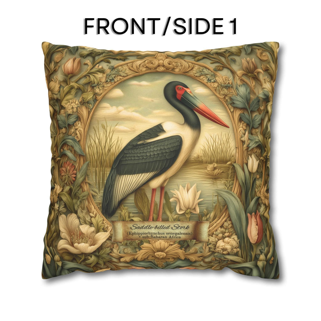 Botanical Bird Pillow Cover: William Morris Inspired Saddle-Billed Stork in Wetland