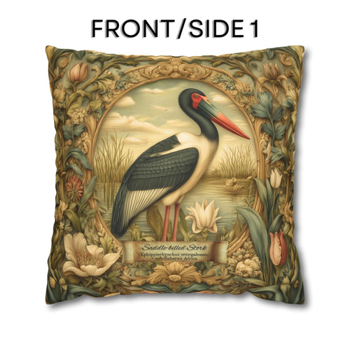 Botanical Bird Pillow Cover: William Morris Inspired Saddle-Billed Stork in Wetland