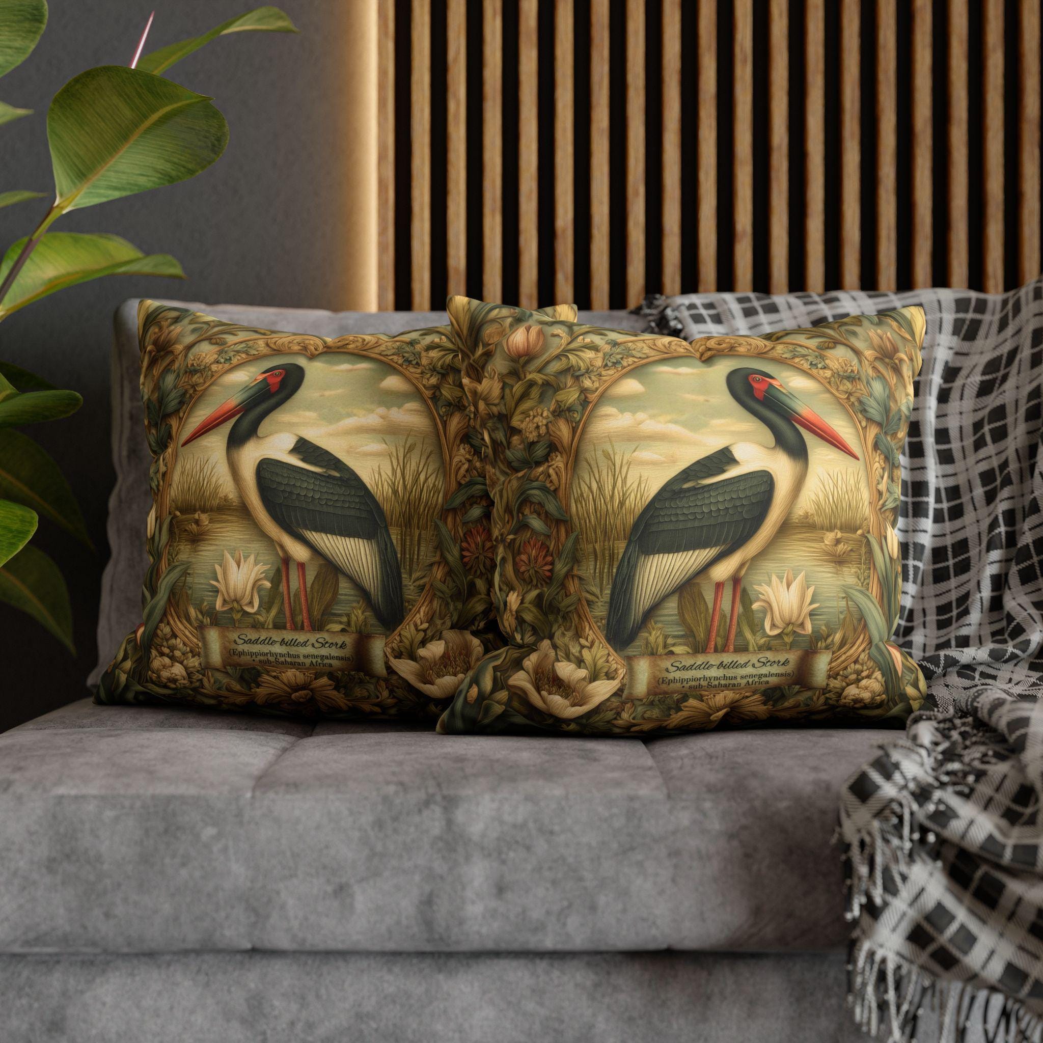 Botanical Bird Pillow Cover: William Morris Inspired Saddle-Billed Stork in Wetland