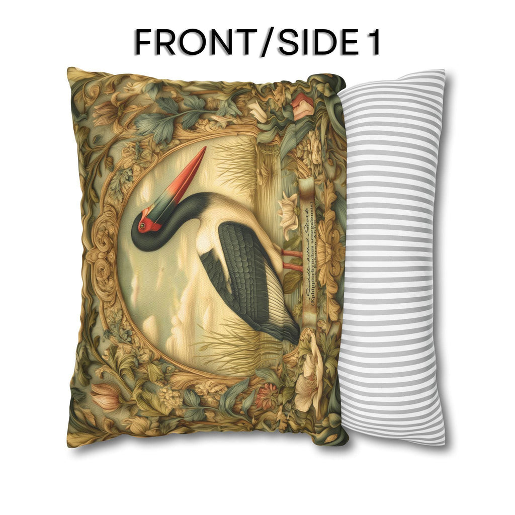 Botanical Bird Pillow Cover: William Morris Inspired Saddle-Billed Stork in Wetland