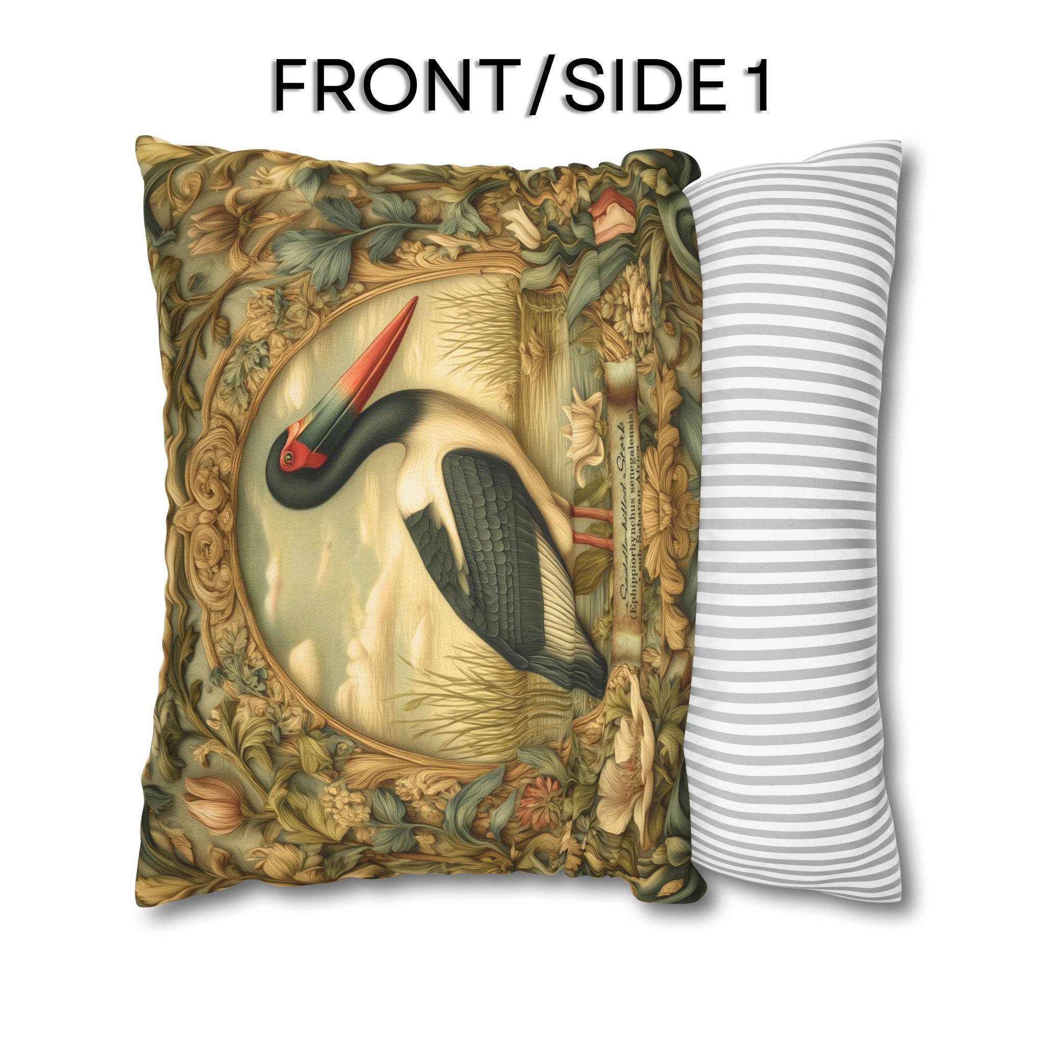 Botanical Bird Pillow Cover: William Morris Inspired Saddle-Billed Stork in Wetland