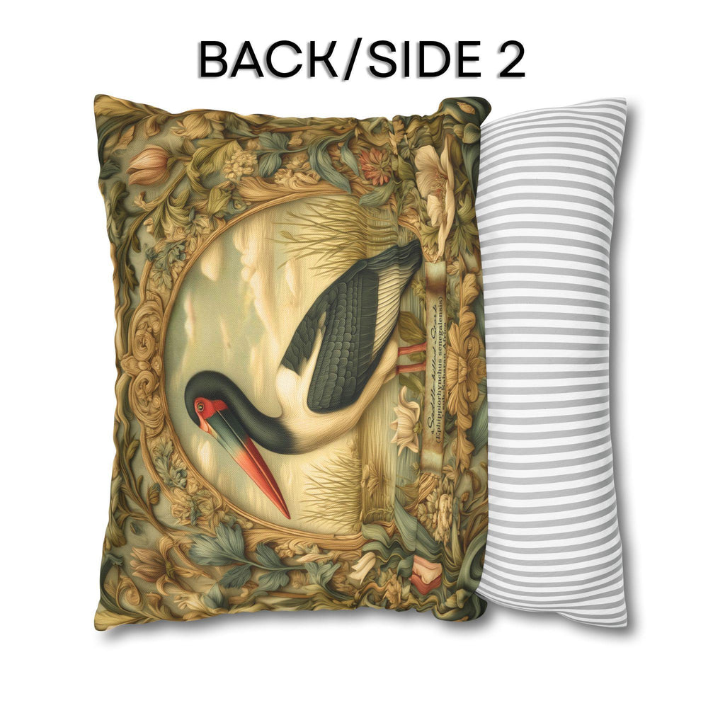 Botanical Bird Pillow Cover: William Morris Inspired Saddle-Billed Stork in Wetland