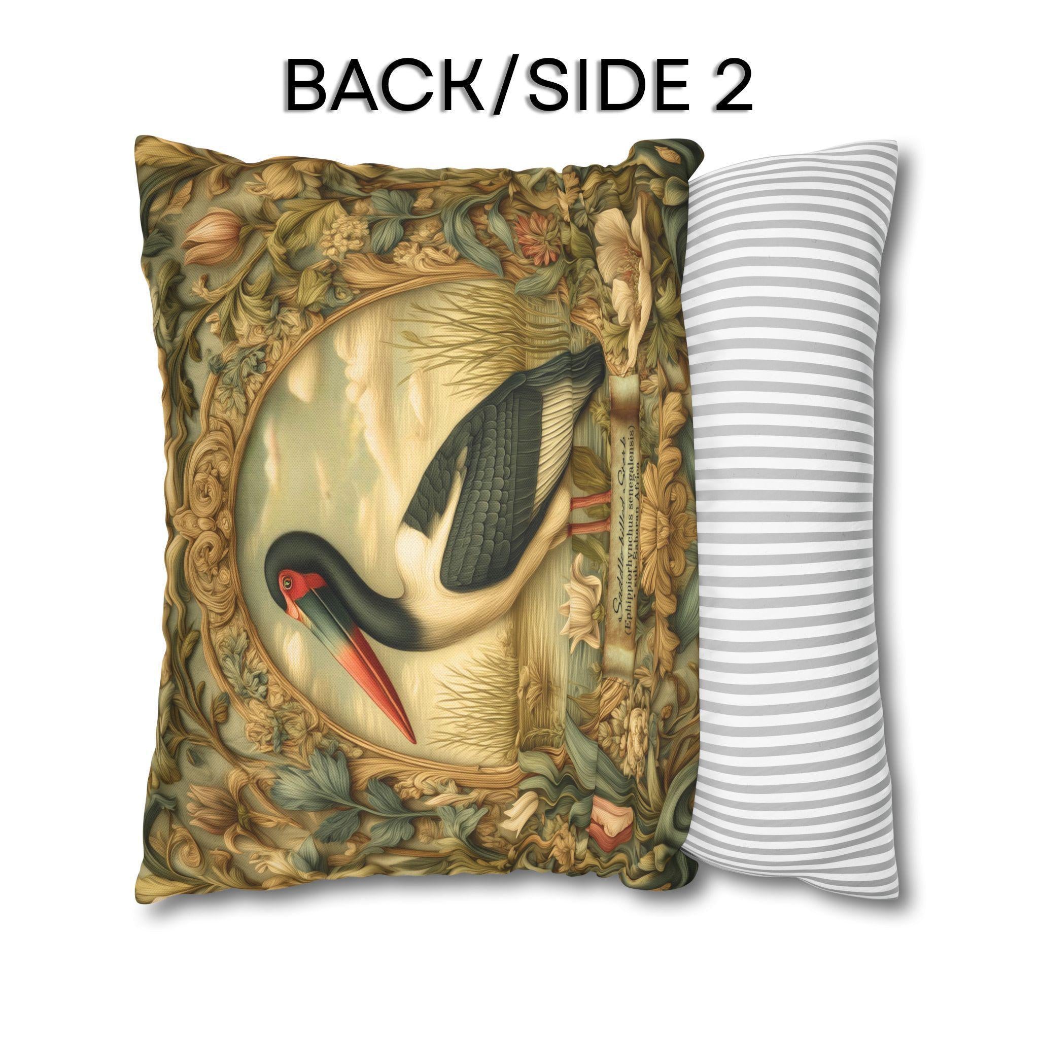 Botanical Bird Pillow Cover: William Morris Inspired Saddle-Billed Stork in Wetland