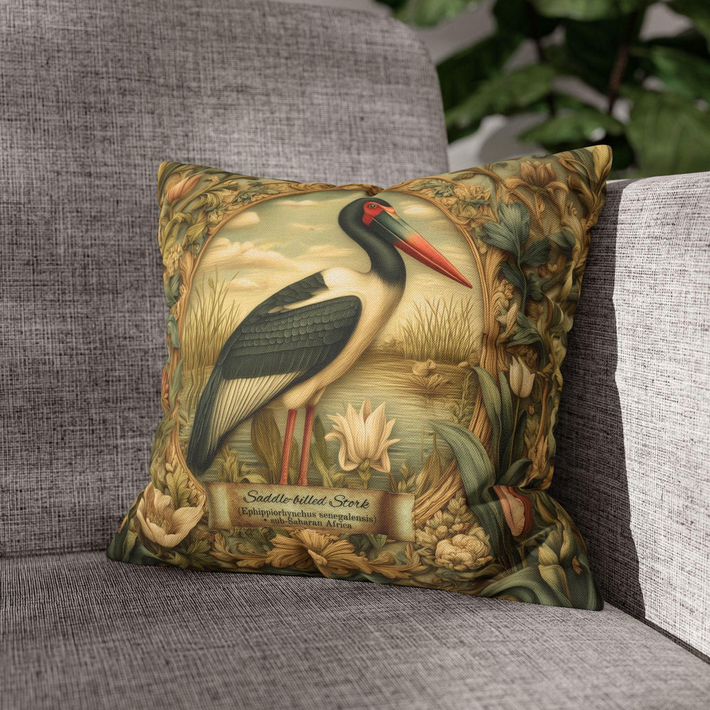 Botanical Bird Pillow Cover: William Morris Inspired Saddle-Billed Stork in Wetland