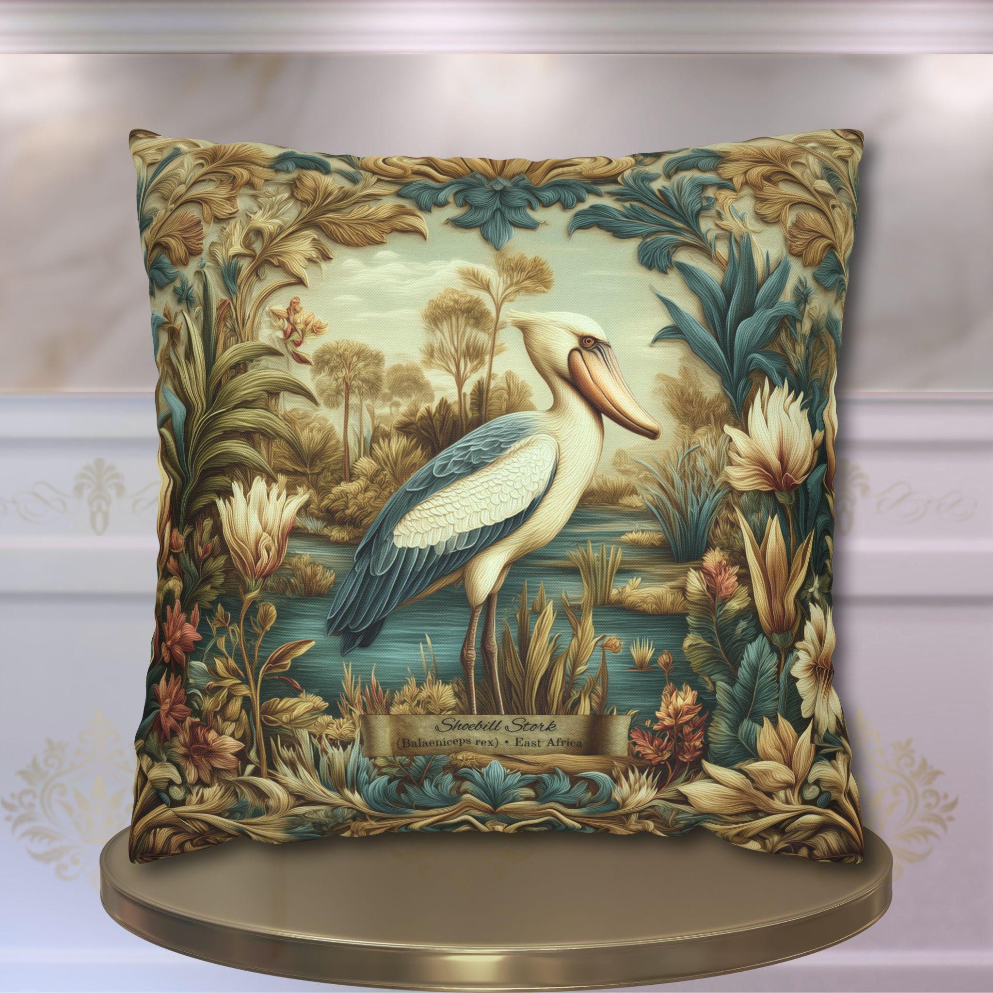 Shoebill Stork Pillow Cover: William Morris Botanical Marsh Bird Decor