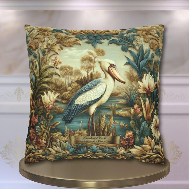 Shoebill Stork Pillow Cover: William Morris Botanical Marsh Bird Decor
