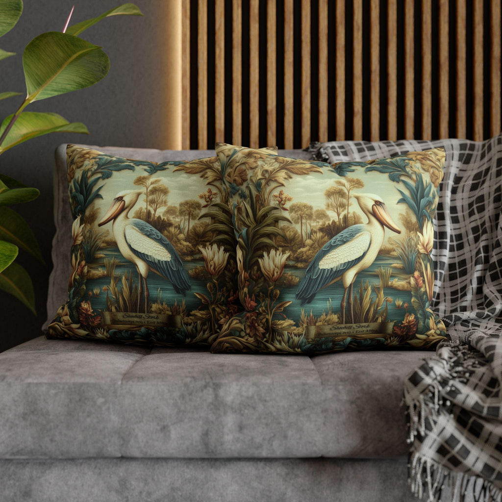 Shoebill Stork Pillow Cover: William Morris Botanical Marsh Bird Decor