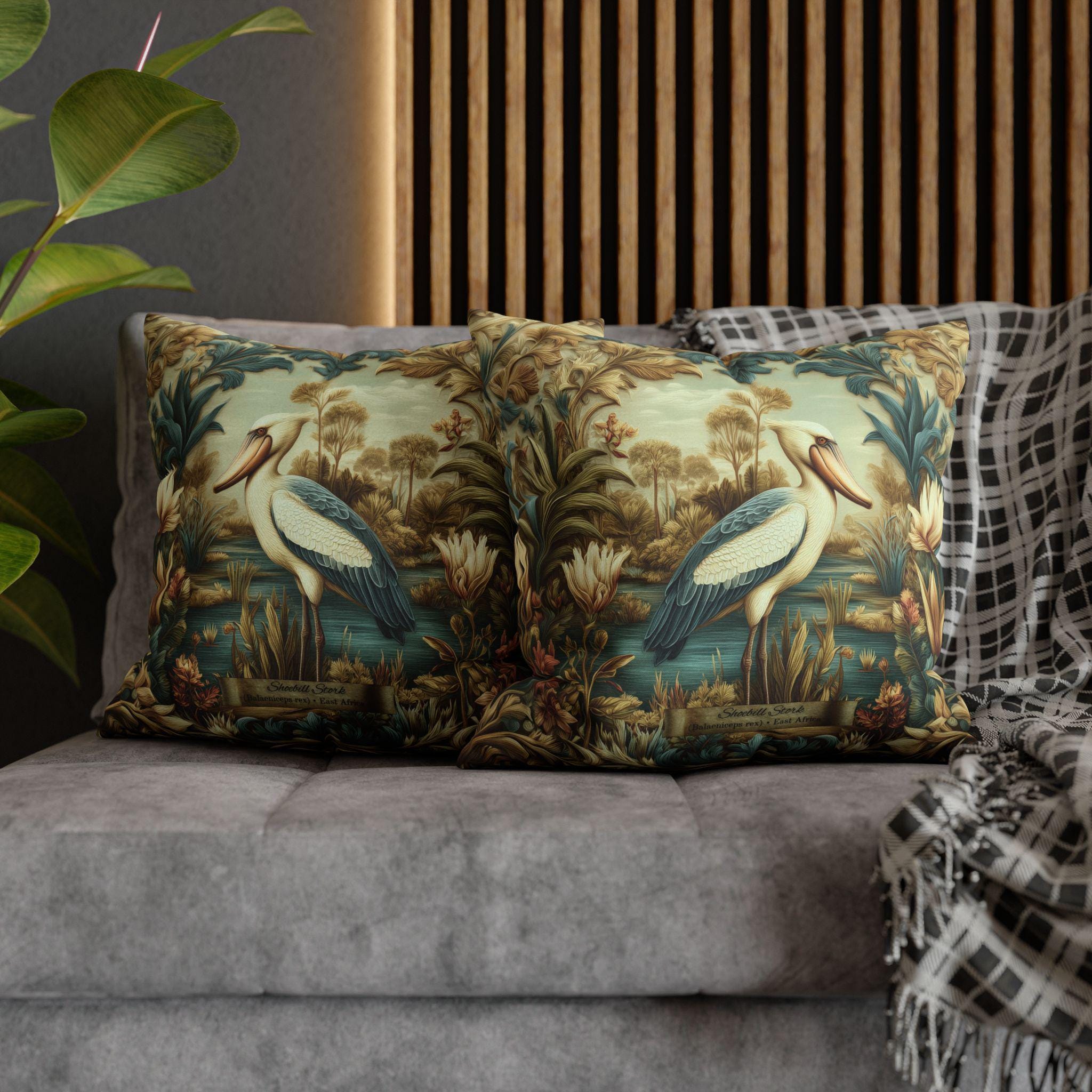 Shoebill Stork Pillow Cover: William Morris Botanical Marsh Bird Decor