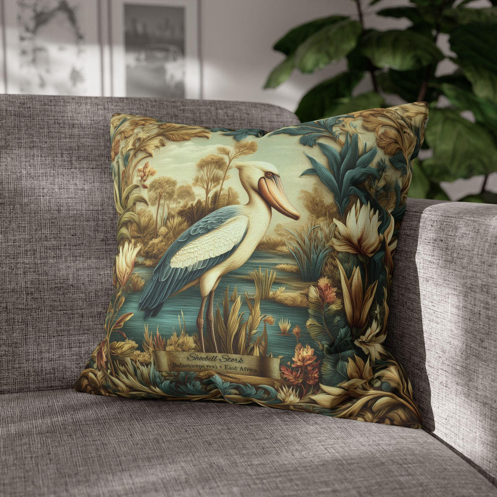 Shoebill Stork Pillow Cover: William Morris Botanical Marsh Bird Decor
