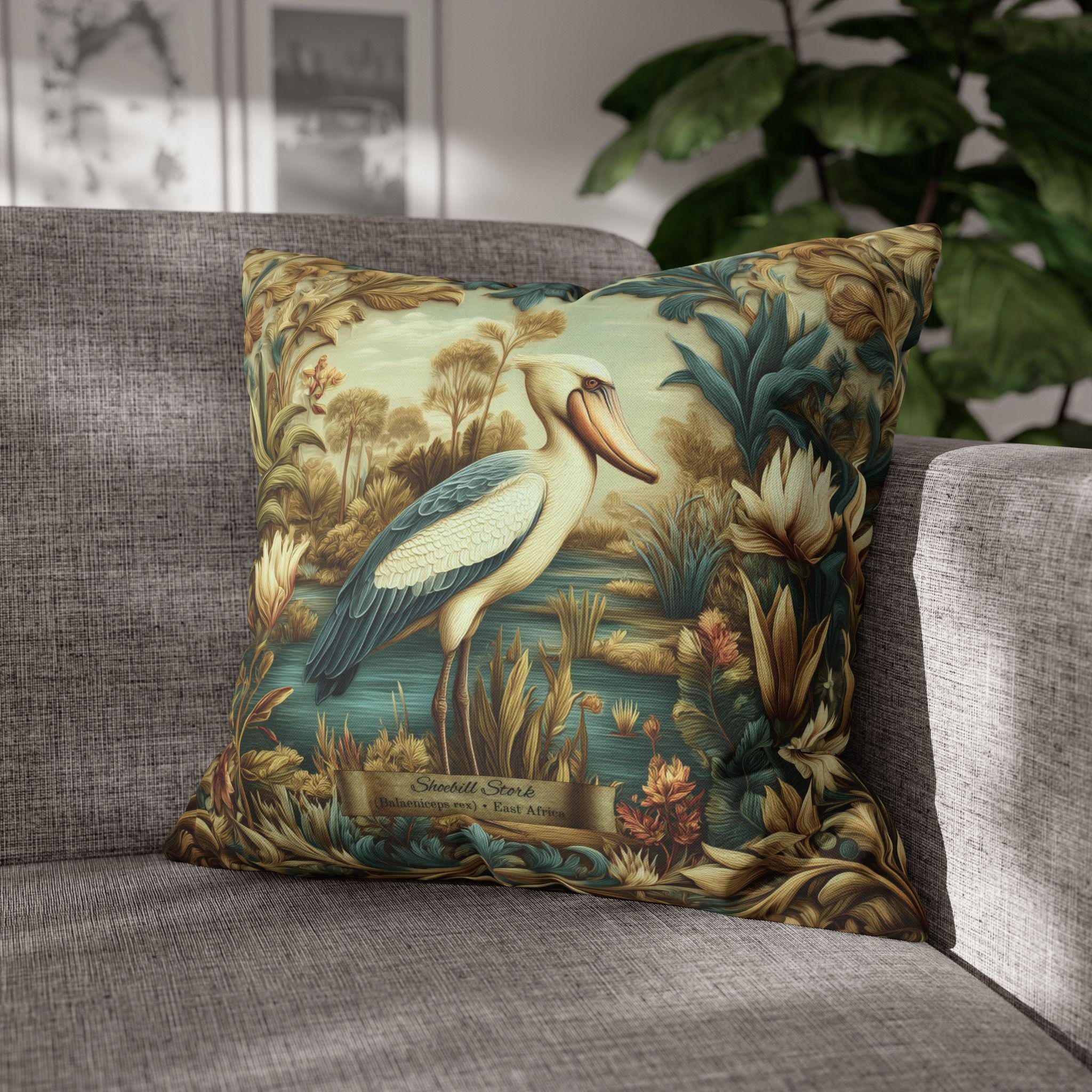 Shoebill Stork Pillow Cover: William Morris Botanical Marsh Bird Decor