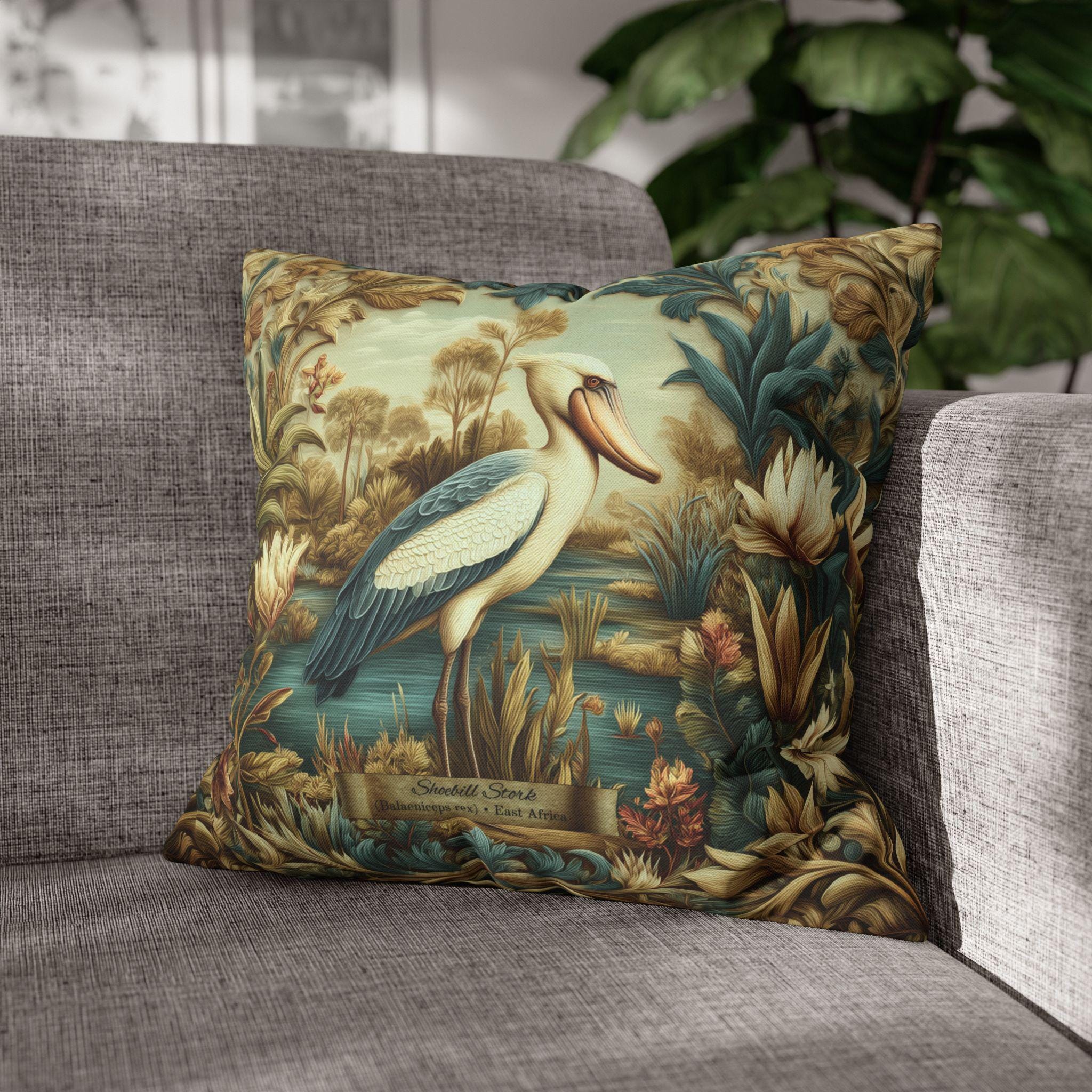 Shoebill Stork Pillow Cover: William Morris Botanical Marsh Bird Decor