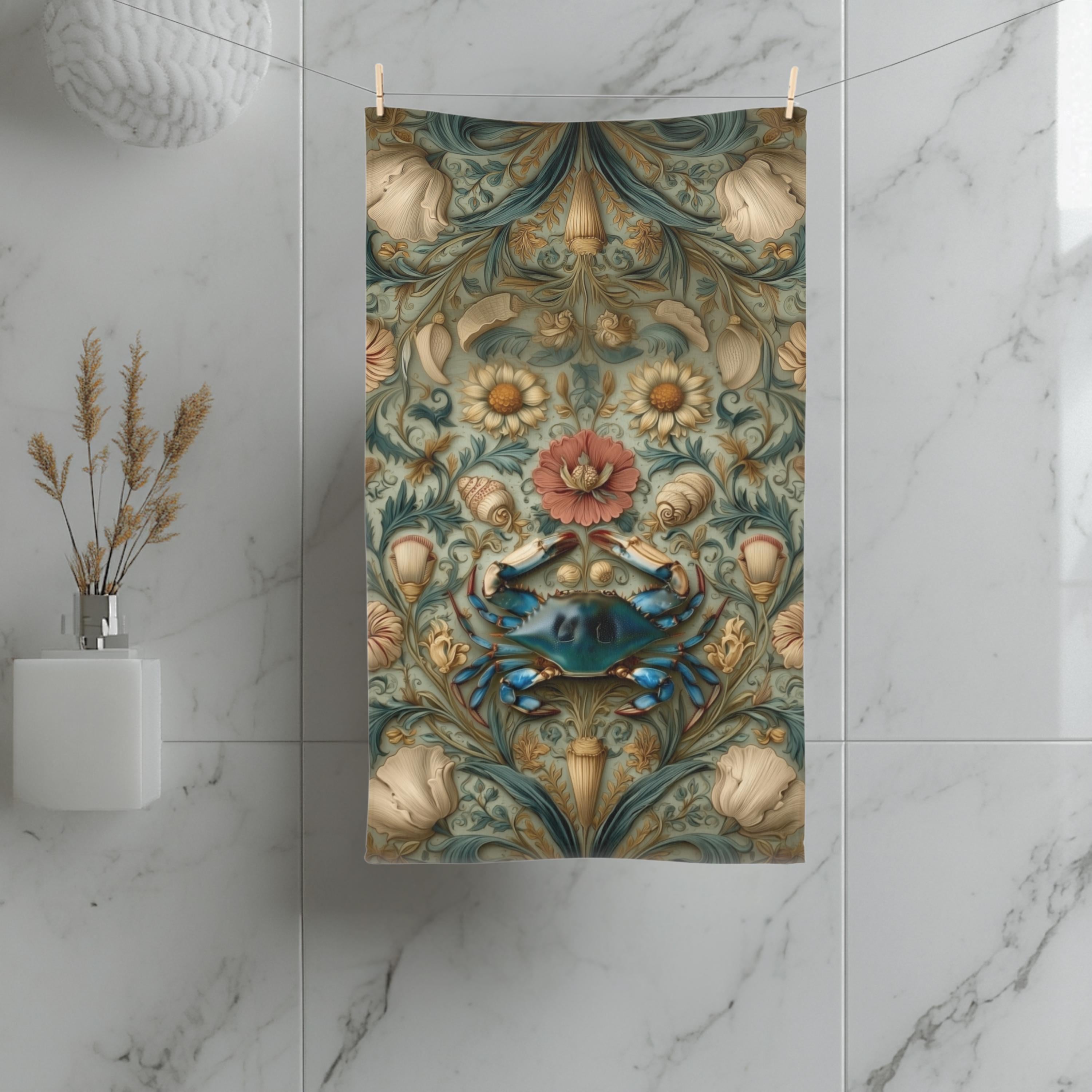 Blue Crab Hand Towel: Chesapeake Bay Coastal Design (Kitchen or Bath)