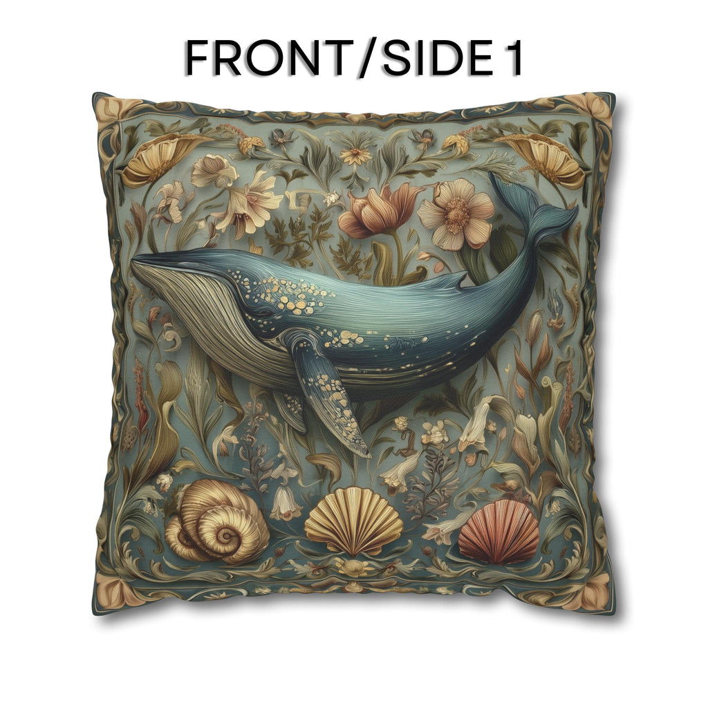 Botanical Blue Whale Pillow Cover: William Morris Inspired Coastal Decor