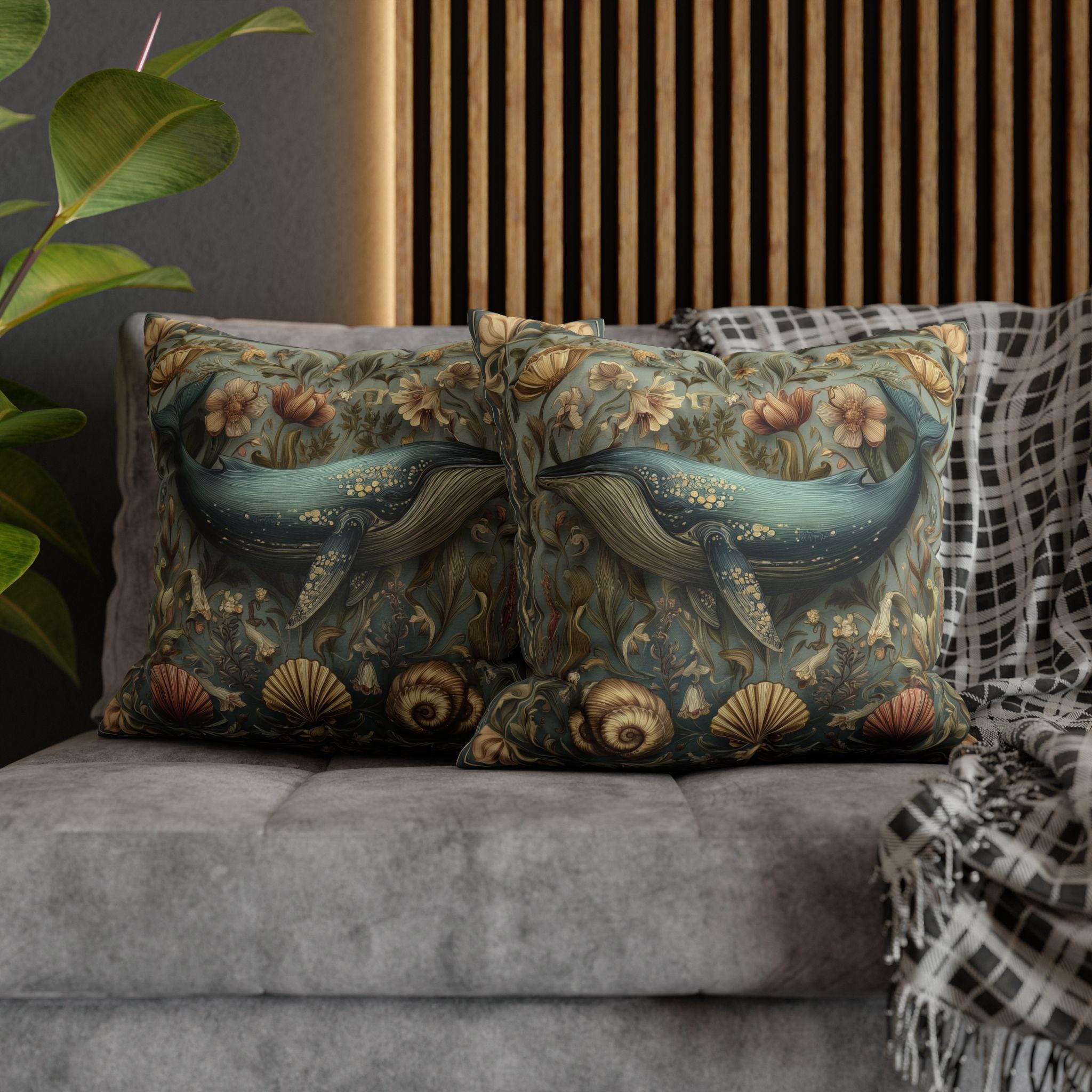 Botanical Blue Whale Pillow Cover: William Morris Inspired Coastal Decor