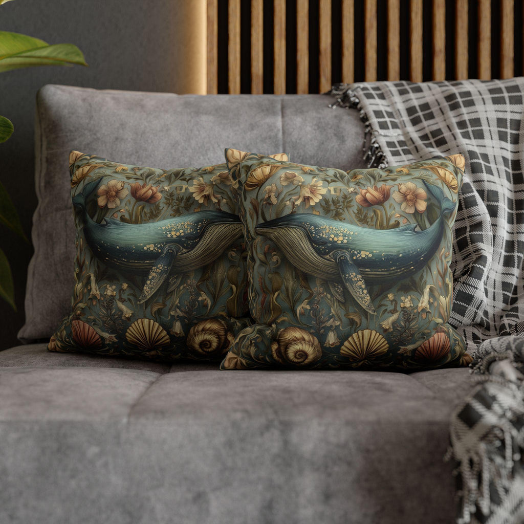Botanical Blue Whale Pillow Cover: William Morris Inspired Coastal Decor