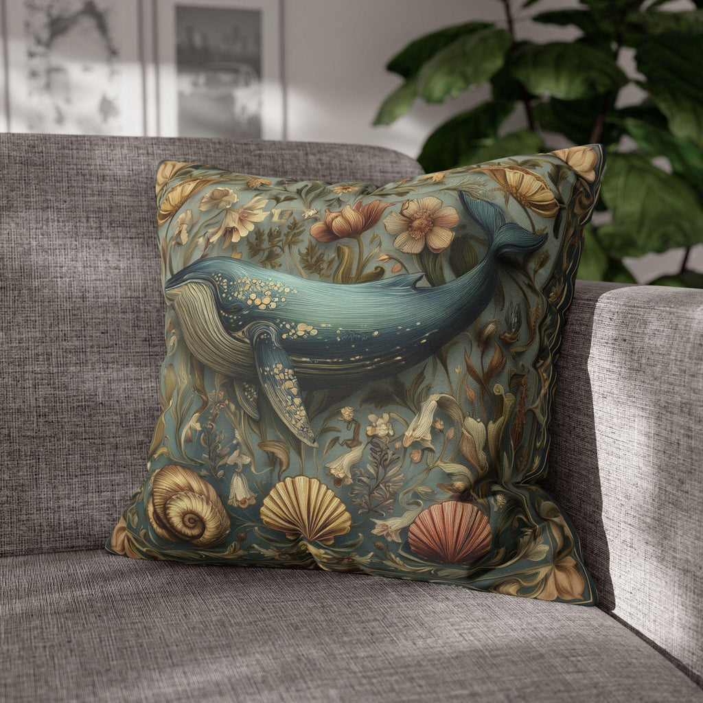Botanical Blue Whale Pillow Cover: William Morris Inspired Coastal Decor