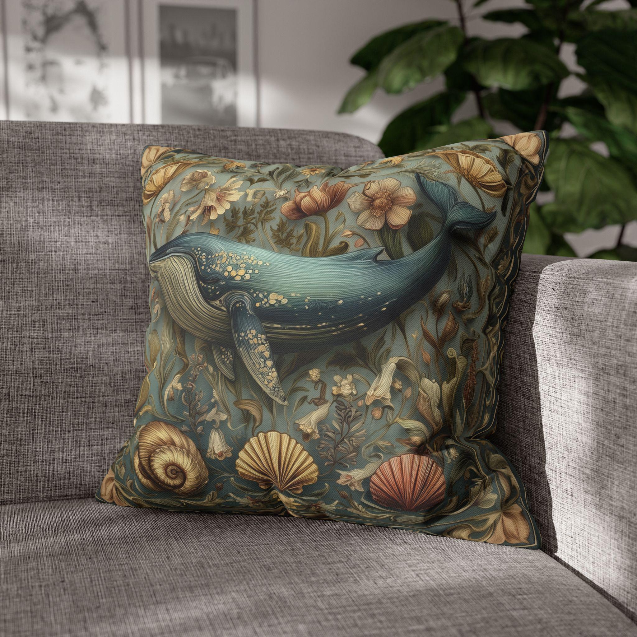 Botanical Blue Whale Pillow Cover: William Morris Inspired Coastal Decor