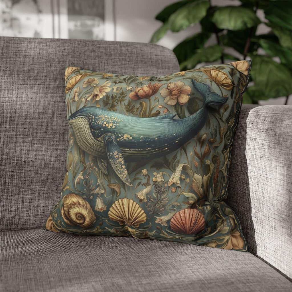 Botanical Blue Whale Pillow Cover: William Morris Inspired Coastal Decor