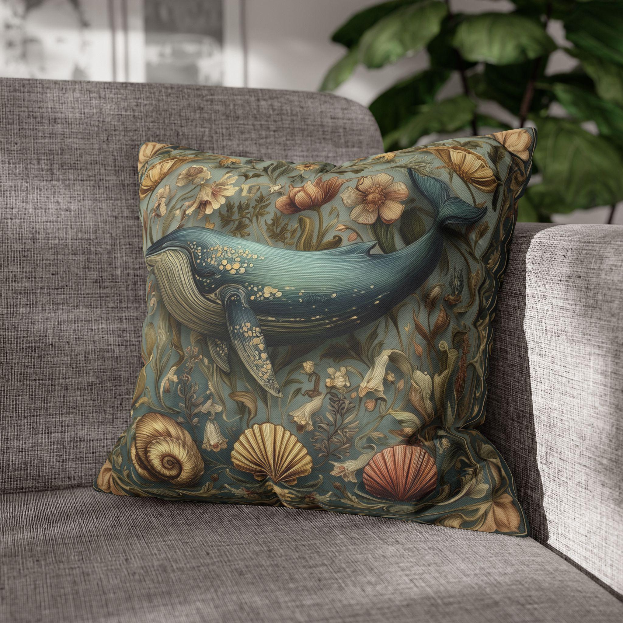 Botanical Blue Whale Pillow Cover: William Morris Inspired Coastal Decor