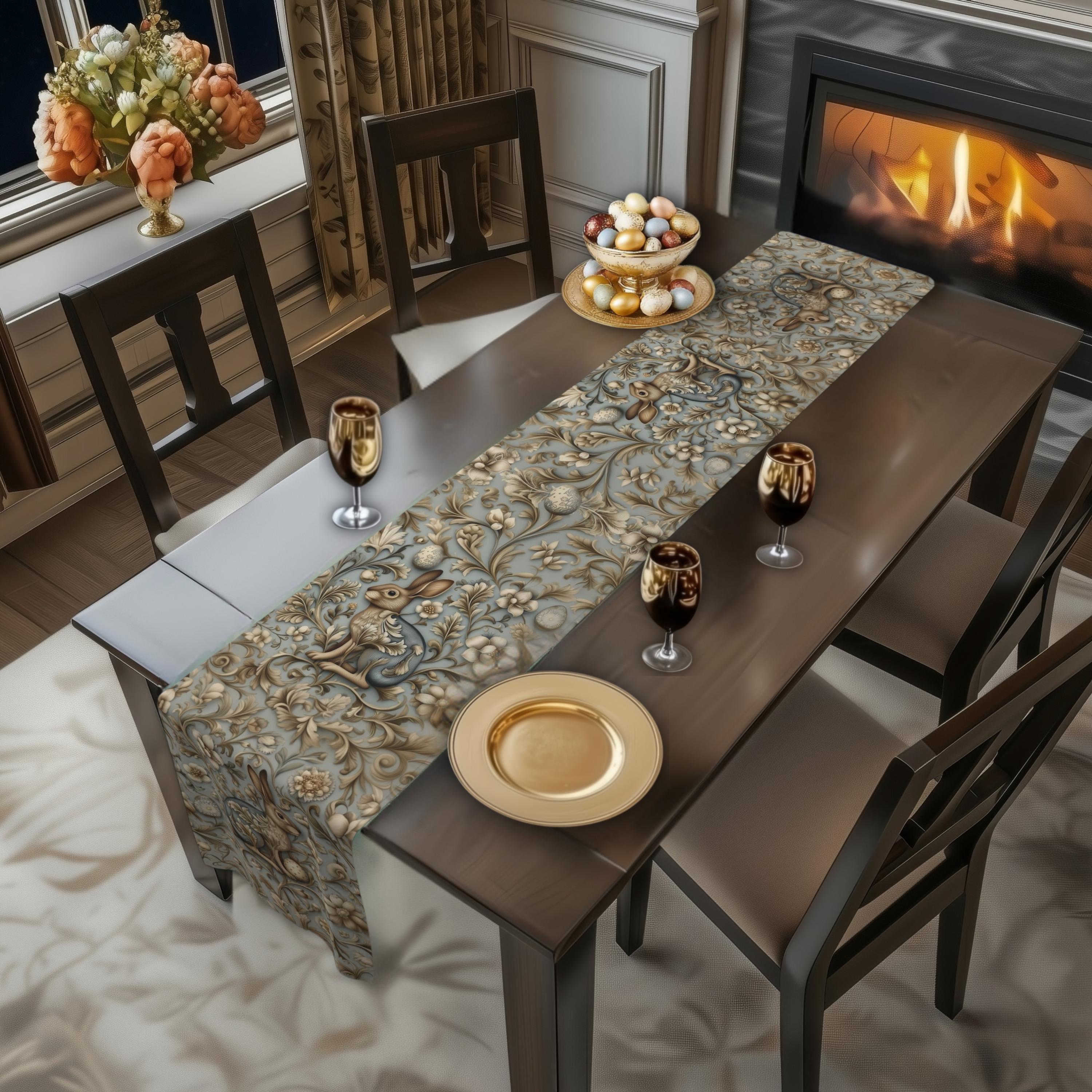 Easter Table Runner: William Morris Chinoiserie Hare Design, Slate Blue Spring Decor
