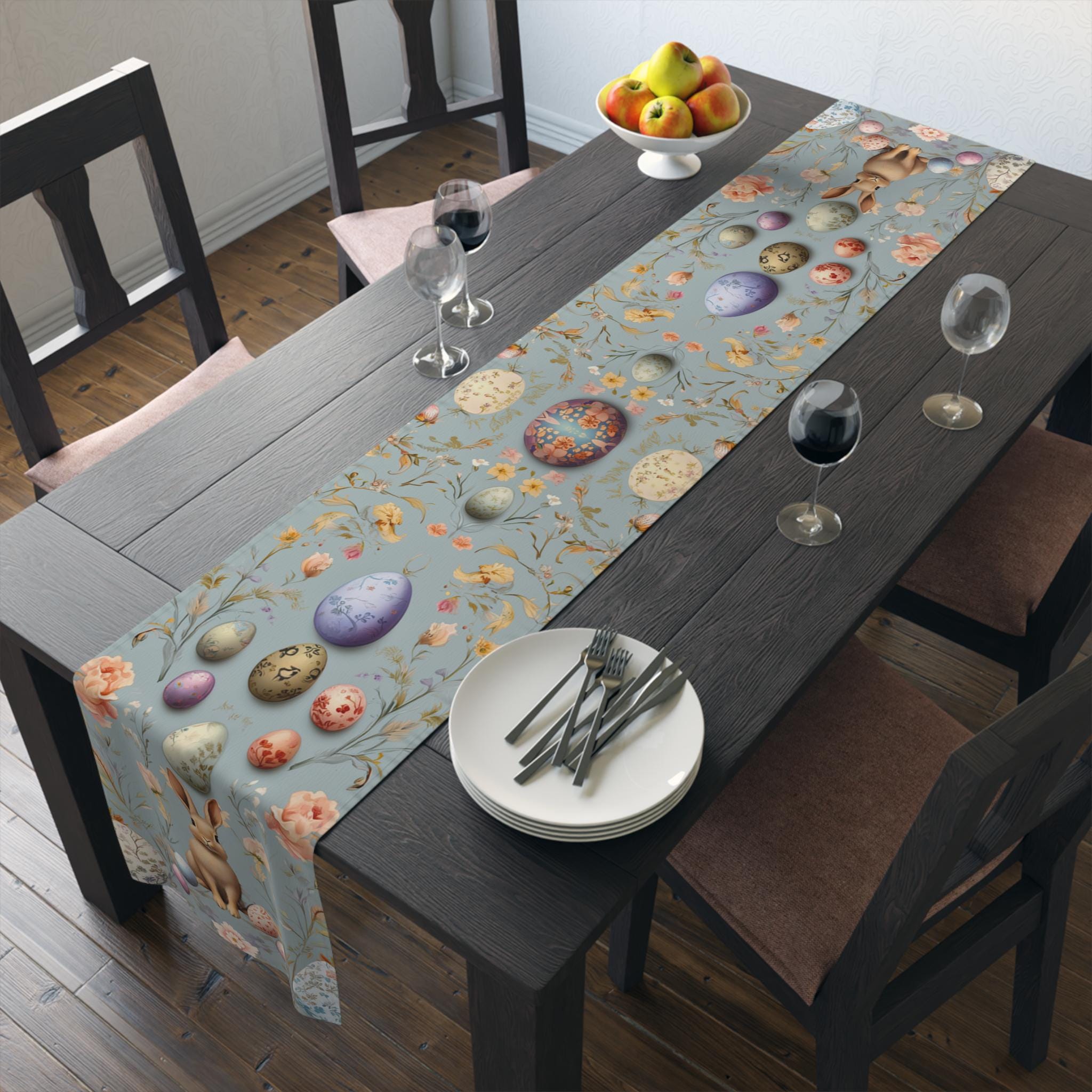Floral Easter Table Runner: Pastel Botanical Design with Eggs & Bunnies - Spring Farmhouse Decor