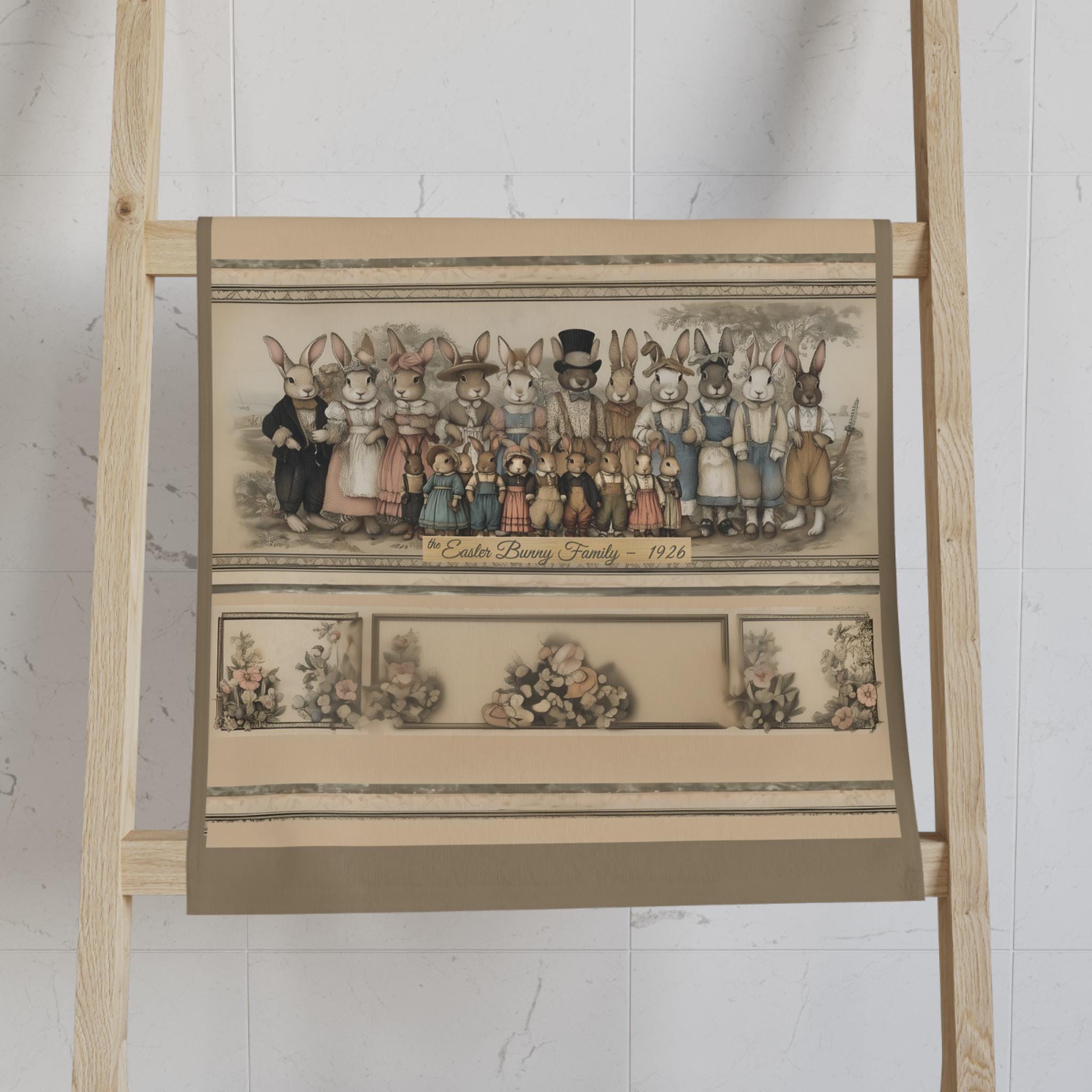 Bunny Family Portrait Easter Hand Towel: Illustrated 1920s Vintage Style Spring Decor