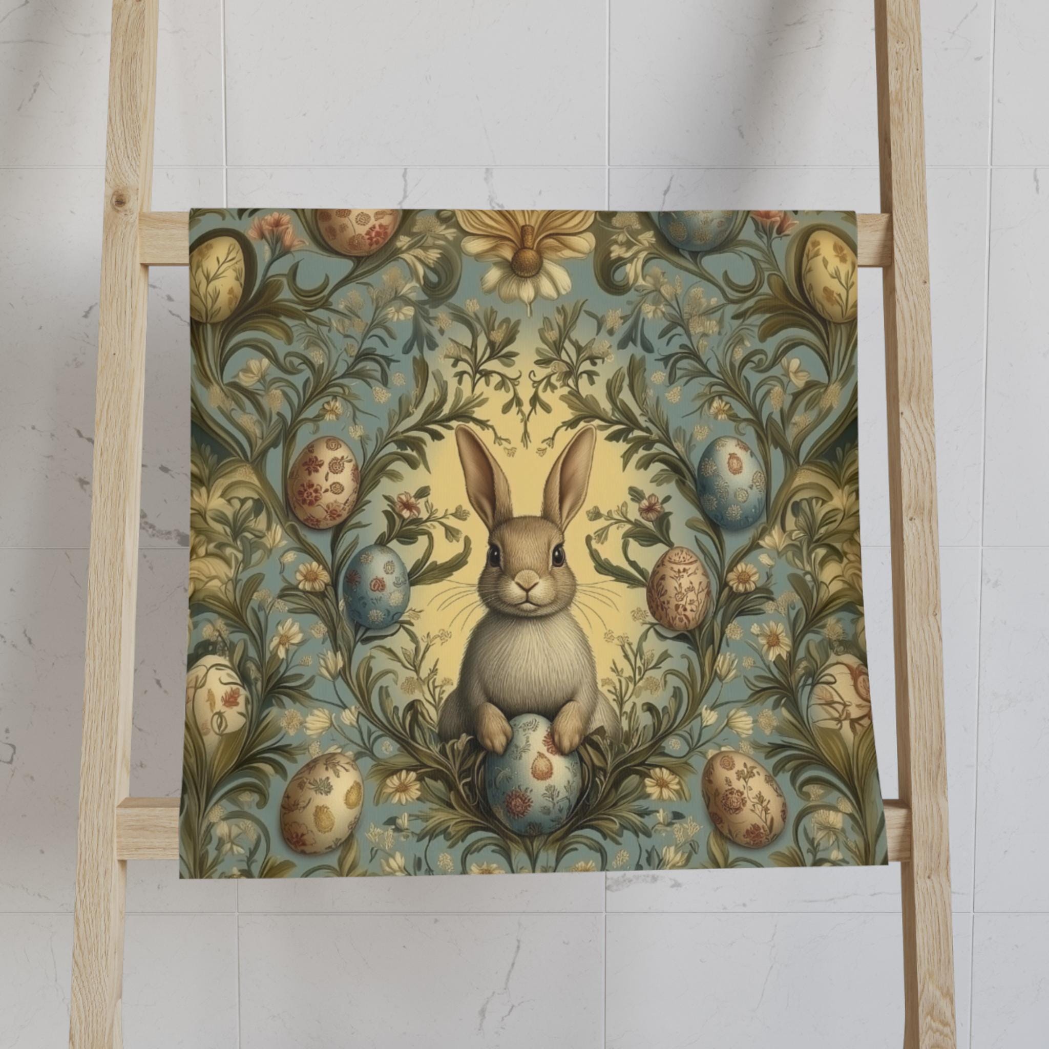 William Morris Easter Bunny Hand Towel: Daisies & Vintage Eggs